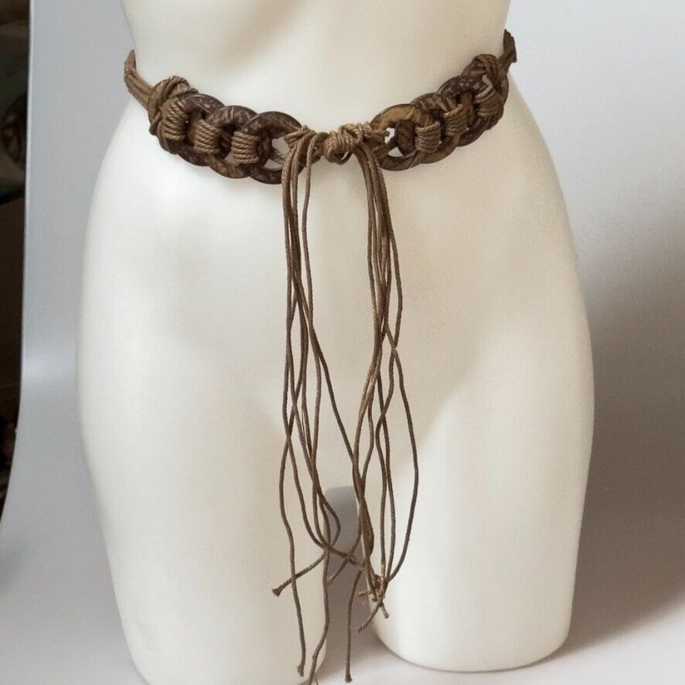 Macrame Crochet Coconut Shell Brown Rope Belt Women's Size S